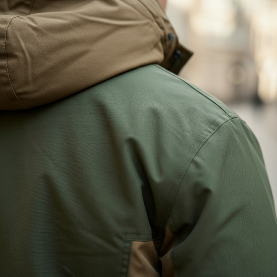 A man dressed in a green and brown utility jacket with a lace-up front.