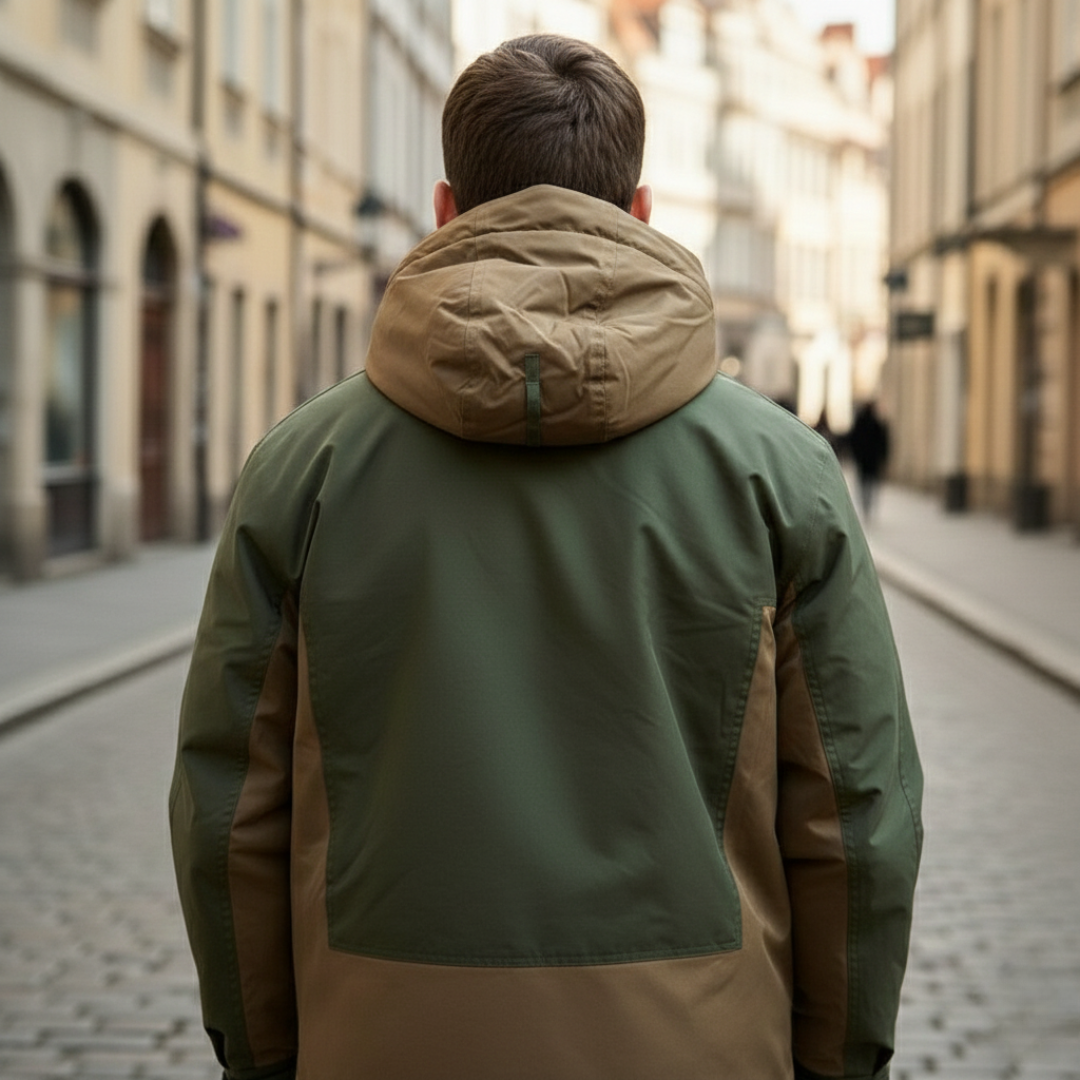 A man dressed in a green and brown utility jacket with a lace-up front.