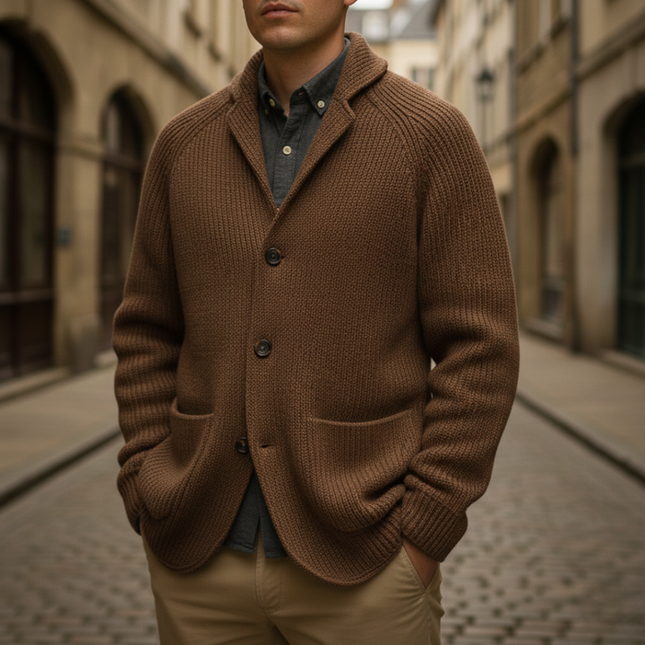  A brown sweater with a turn-down collar and long sleeves.