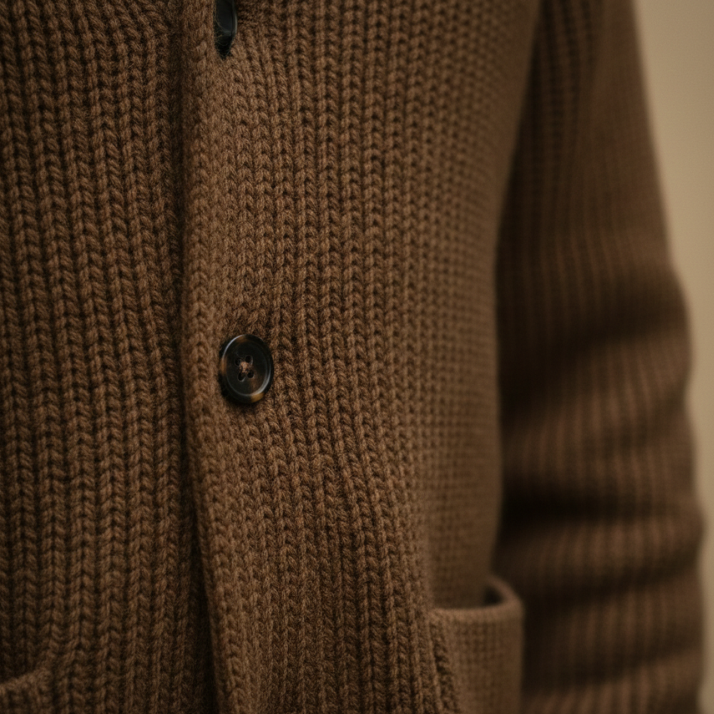  A brown sweater with a turn-down collar and long sleeves.