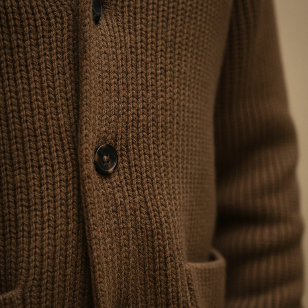  A brown sweater with a turn-down collar and long sleeves.