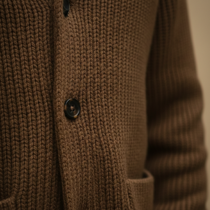  A brown sweater with a turn-down collar and long sleeves.