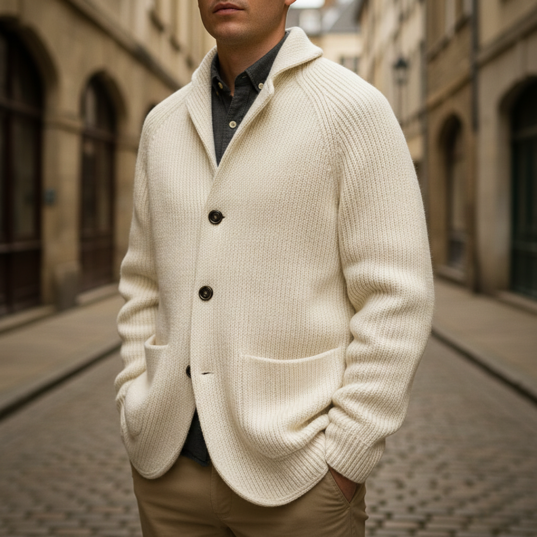  A white sweater with a turn-down collar and long sleeves.