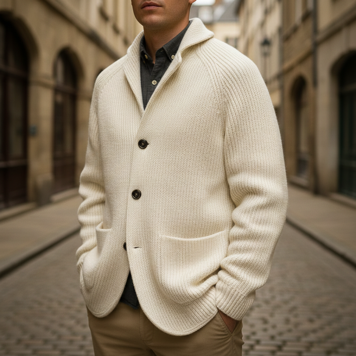  A white sweater with a turn-down collar and long sleeves.
