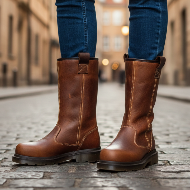 Brown mid-calf Dr. Martens boot in faux leather, featuring a round toe and pull-on design, ideal for fall and winter wear.