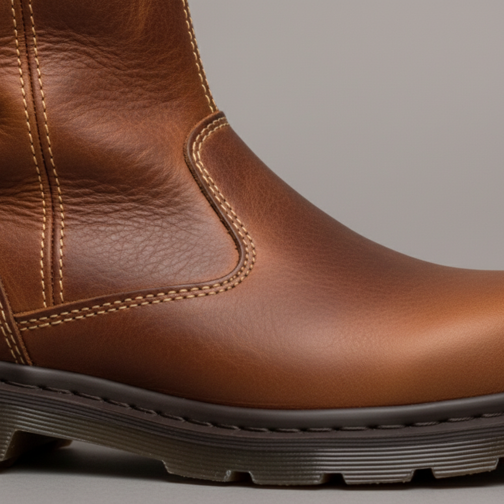 Close-up details of the brown mid-calf Dr. Martens boot in faux leather, featuring a round toe and pull-on design, ideal for fall and winter wear.