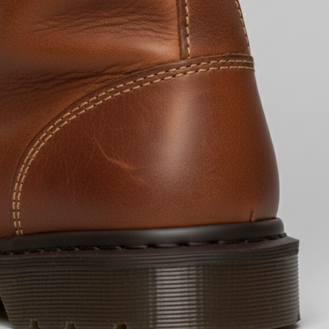 Close-up back details of the brown mid-calf Dr. Martens boot in faux leather, featuring a round toe and pull-on design, ideal for fall and winter wear.