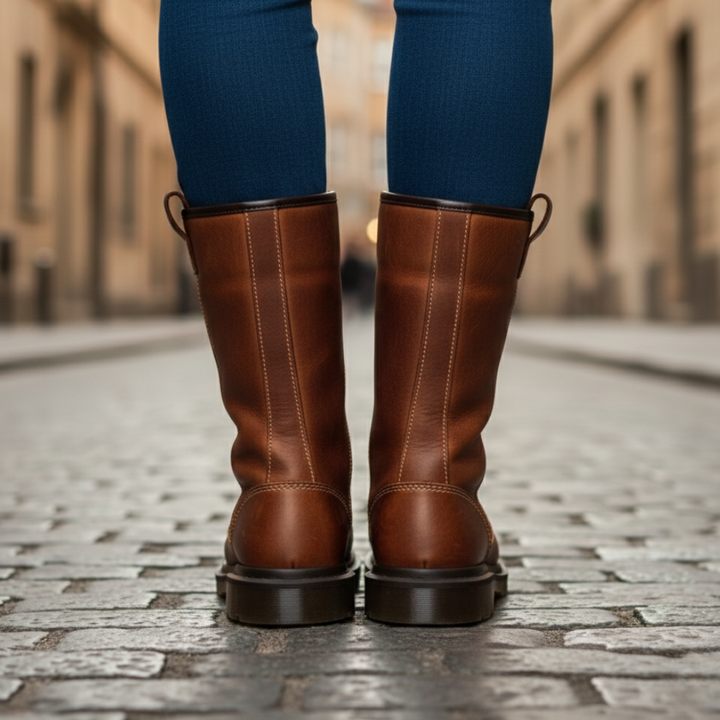 Back details of the brown mid-calf Dr. Martens boot in faux leather, featuring a round toe and pull-on design, ideal for fall and winter wear.