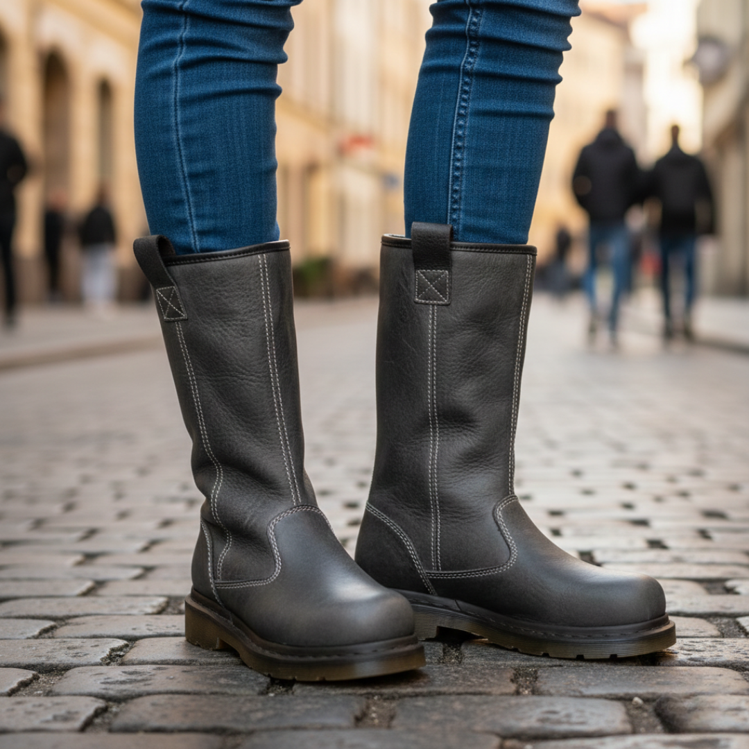 Grey mid-calf Dr. Martens boot in faux leather, featuring a round toe and pull-on design, ideal for fall and winter wear.