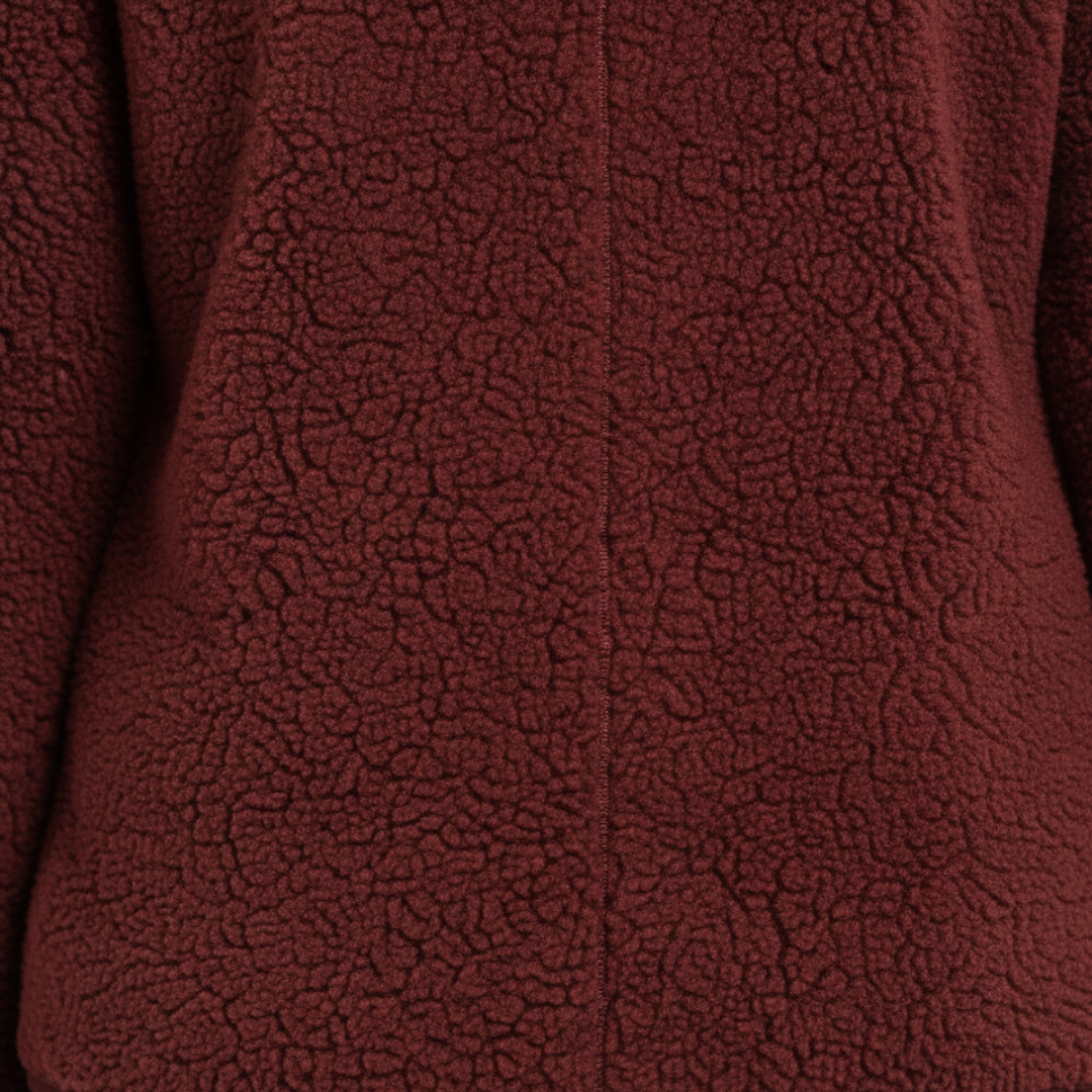 Women's red fleece jacket with a zip front, structured collar, and long sleeves  for fall and spring layering.