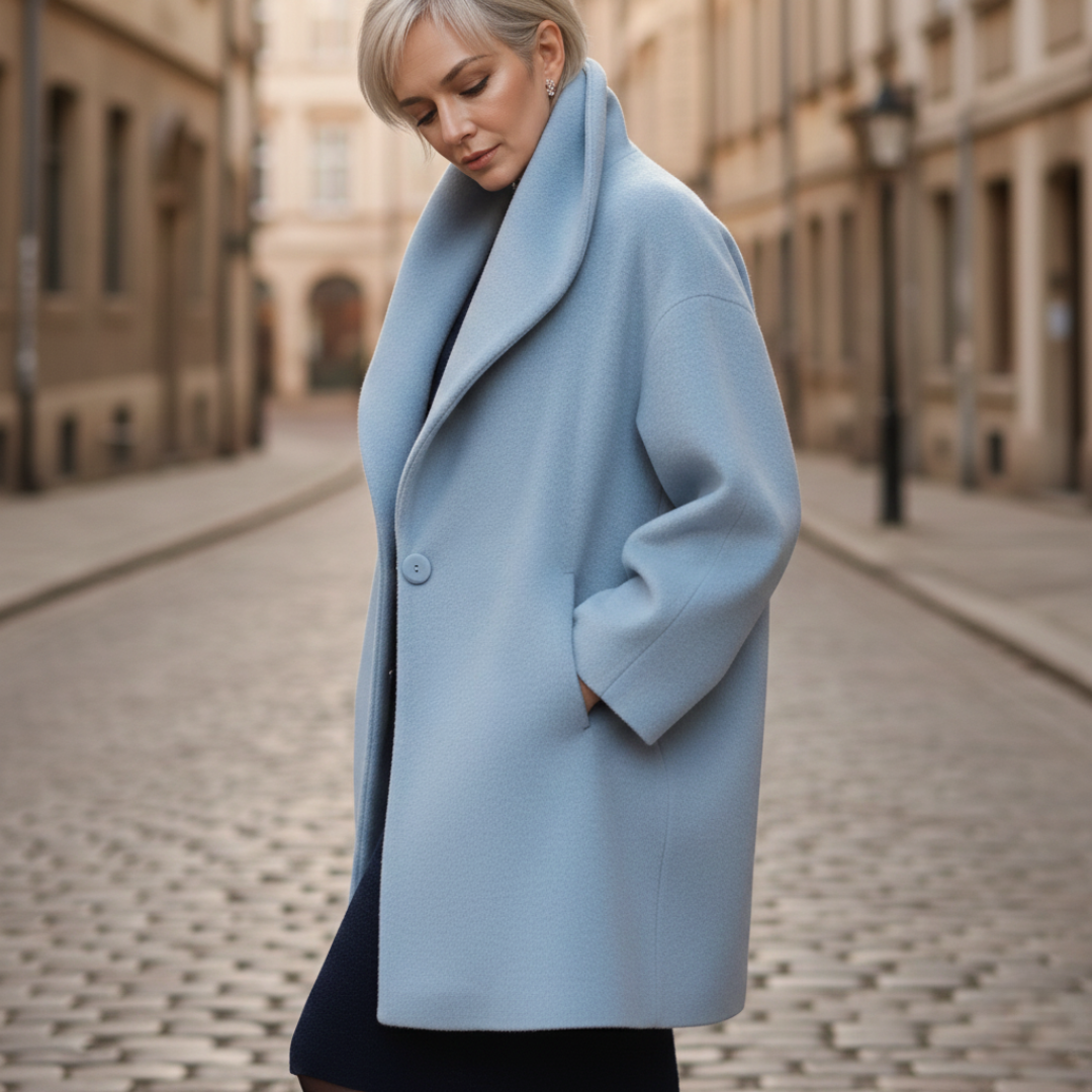 A woman in a blue coat on a cobblestone street, showcasing her outerwear in a refined setting.