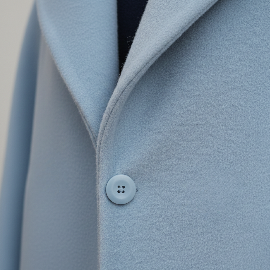 a blue coat showcasing its close-up details and buttons.
