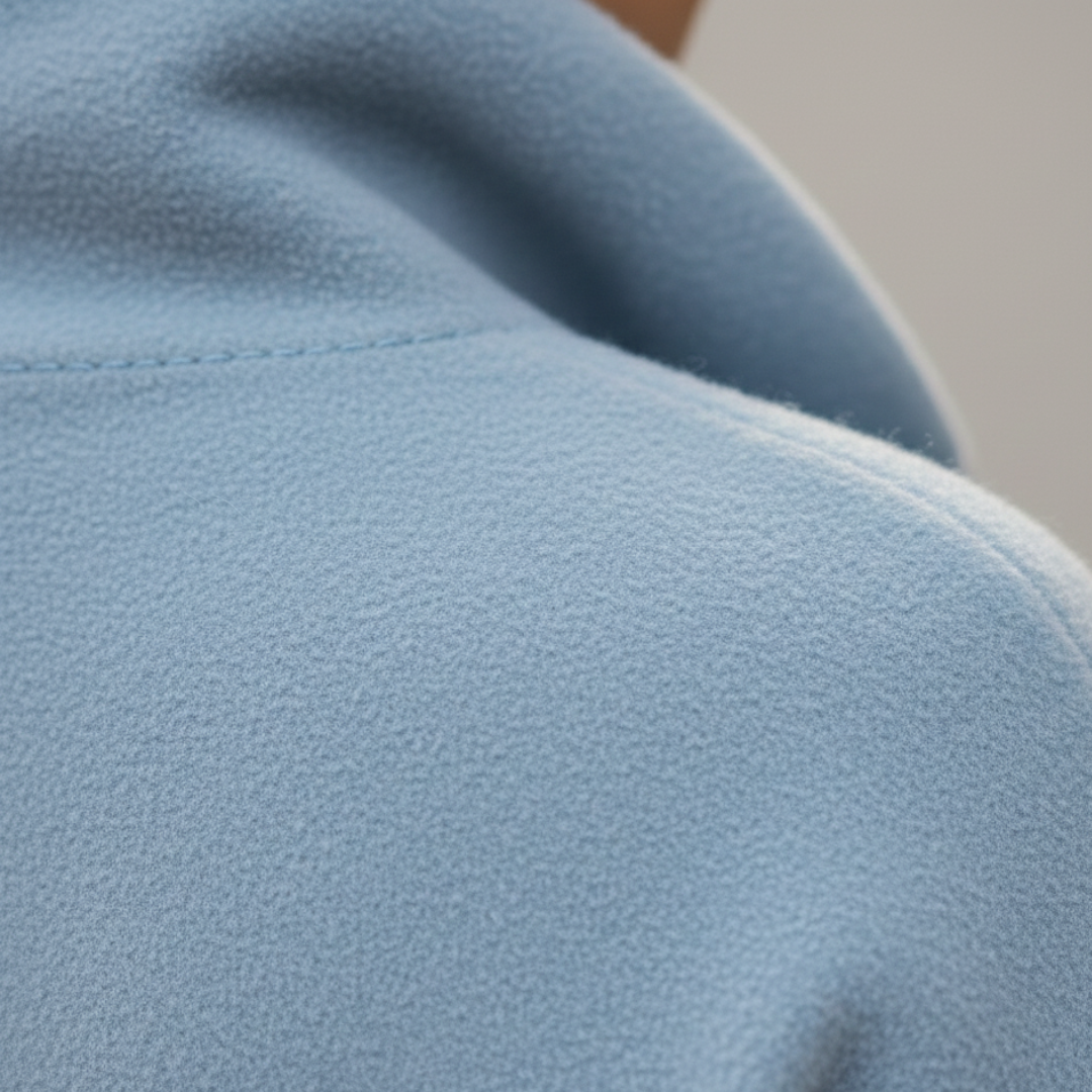 a blue coat showcasing its close-up details and buttons.