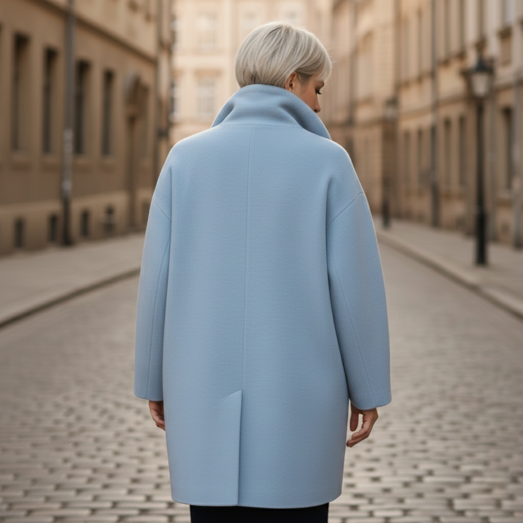 A woman in a blue coat on a cobblestone street, showcasing her outerwear in a refined setting.