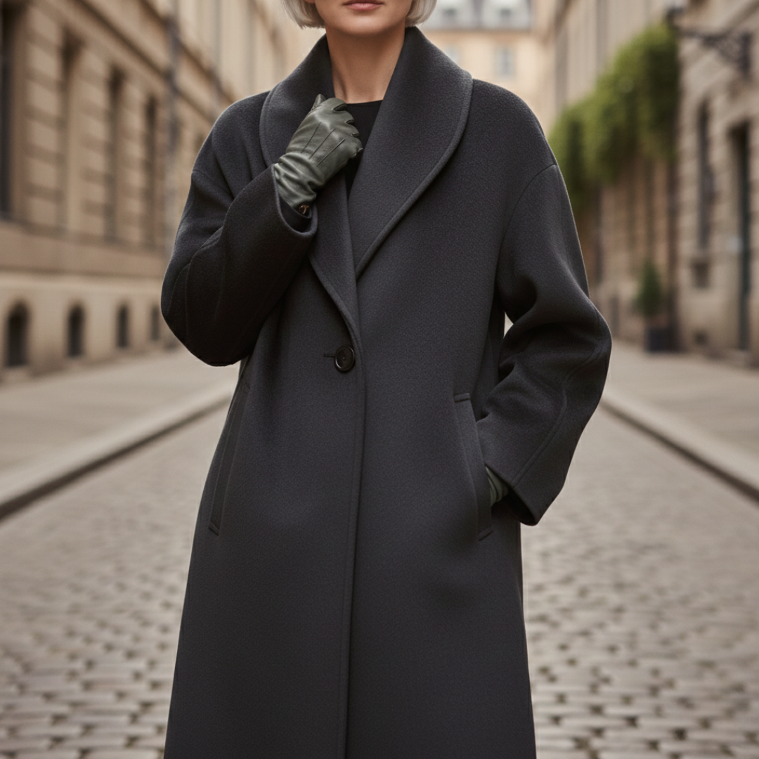 A woman in a blue coat on a cobblestone street, showcasing her outerwear in a refined setting.