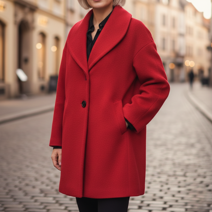 A woman in a blue coat on a cobblestone street, showcasing her outerwear in a refined setting.