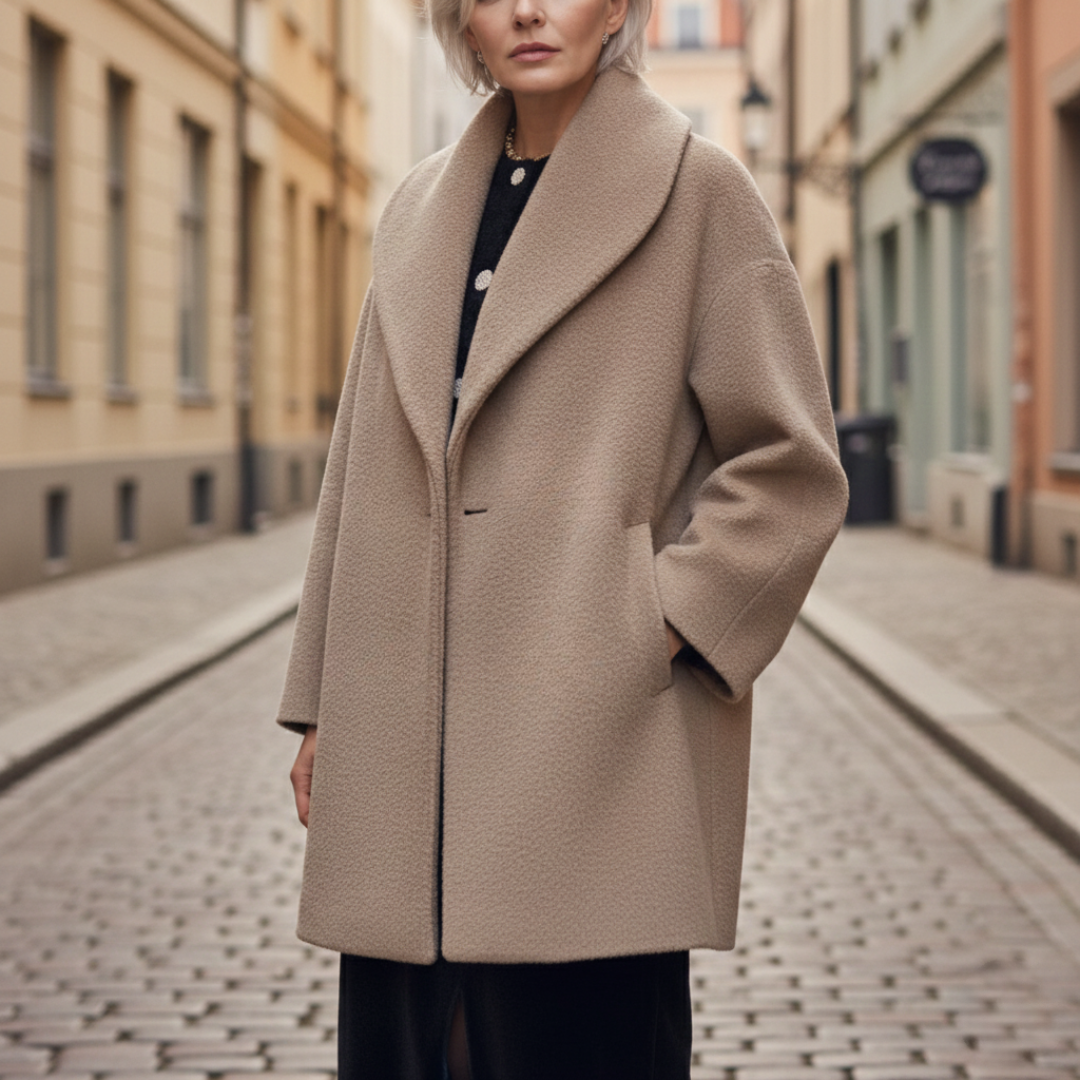 A woman in a blue coat on a cobblestone street, showcasing her outerwear in a refined setting.