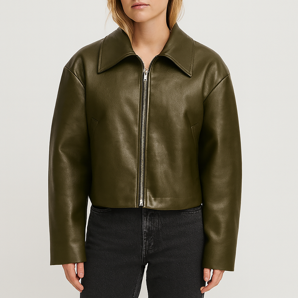 Faux leather bomber jacket with wide collar and front zip closure