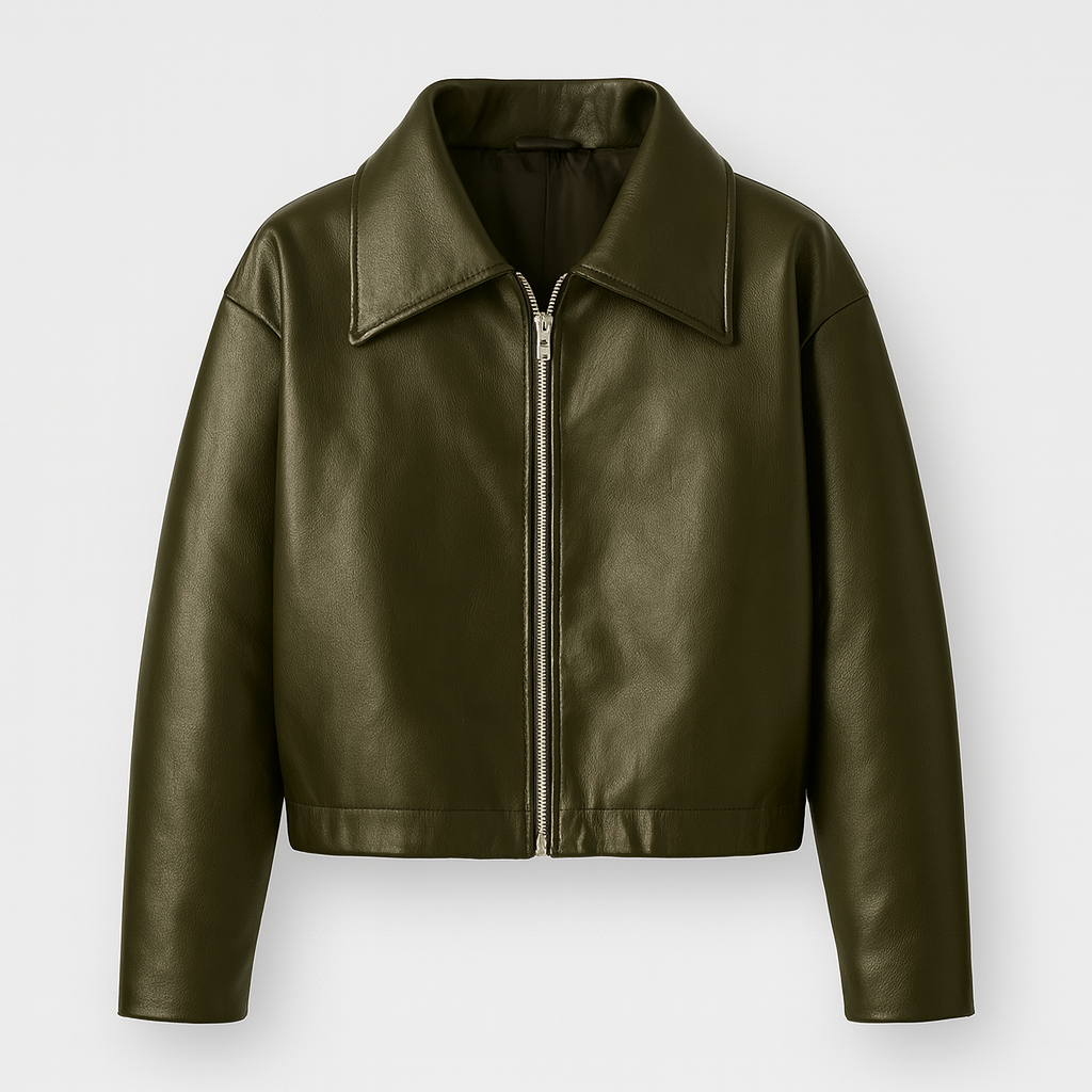 Faux leather bomber jacket with wide collar and front zip closure