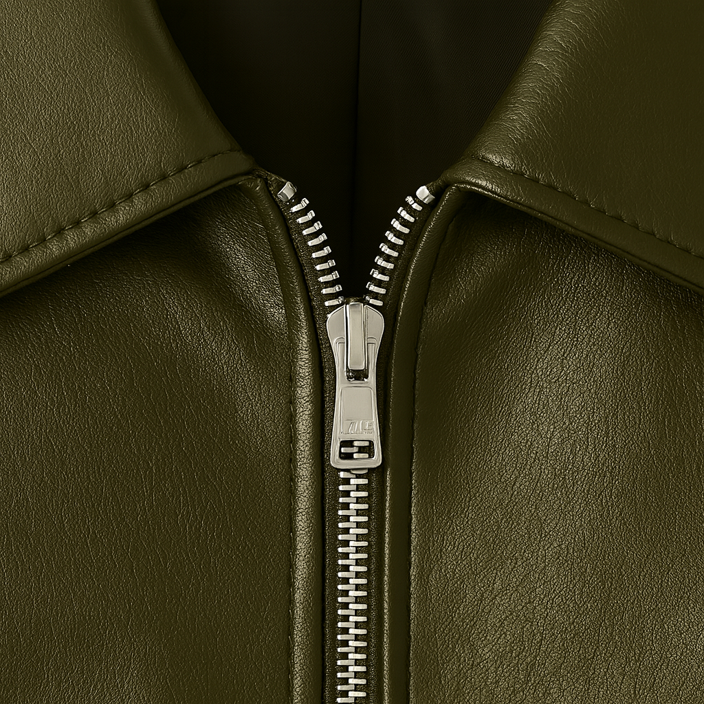 Faux leather bomber jacket with wide collar and front zip closure