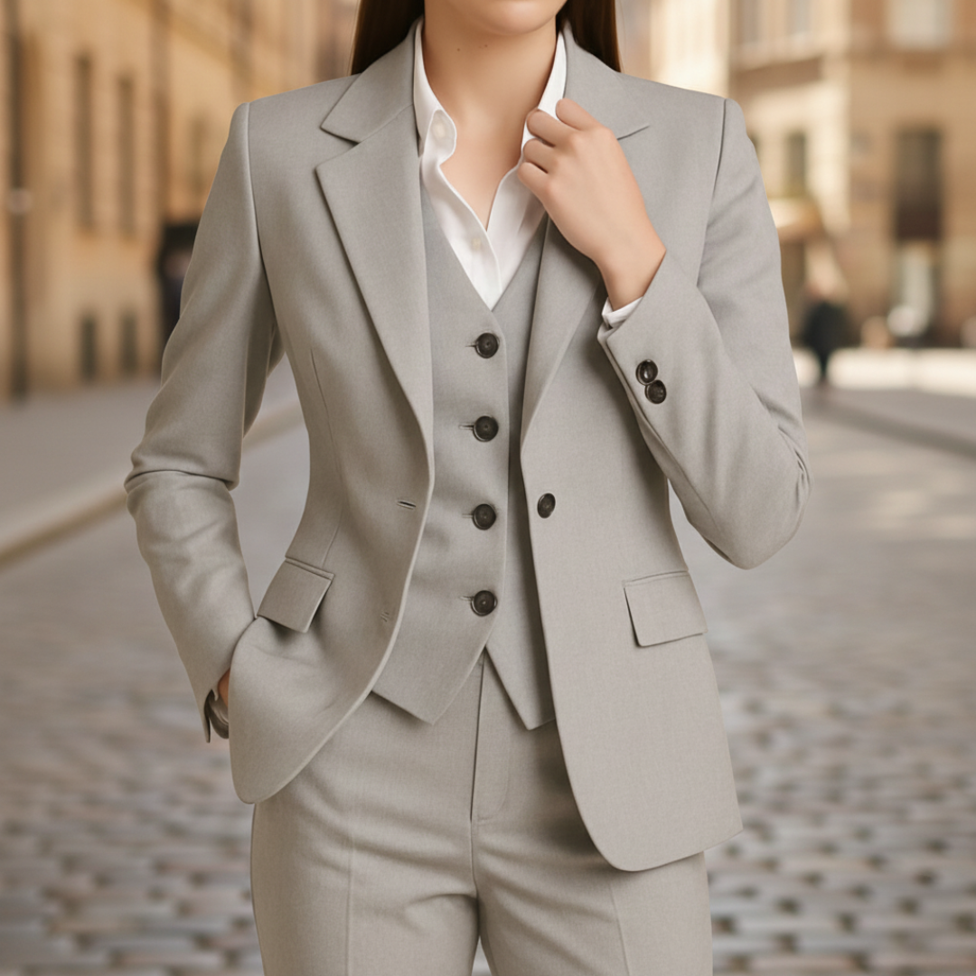 A woman in a grey tailored suit with a white shirt, it shows elegance in a professional setting.


