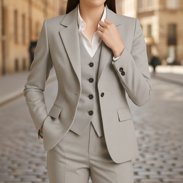 A woman in a grey tailored suit with a white shirt, it shows elegance in a professional setting.

