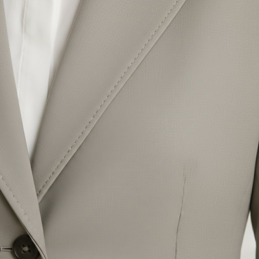 A woman in a grey tailored suit with a white shirt, it shows elegance in a professional setting.

