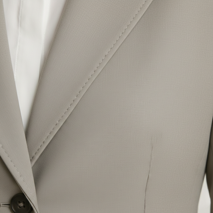 A woman in a grey tailored suit with a white shirt, it shows elegance in a professional setting.

