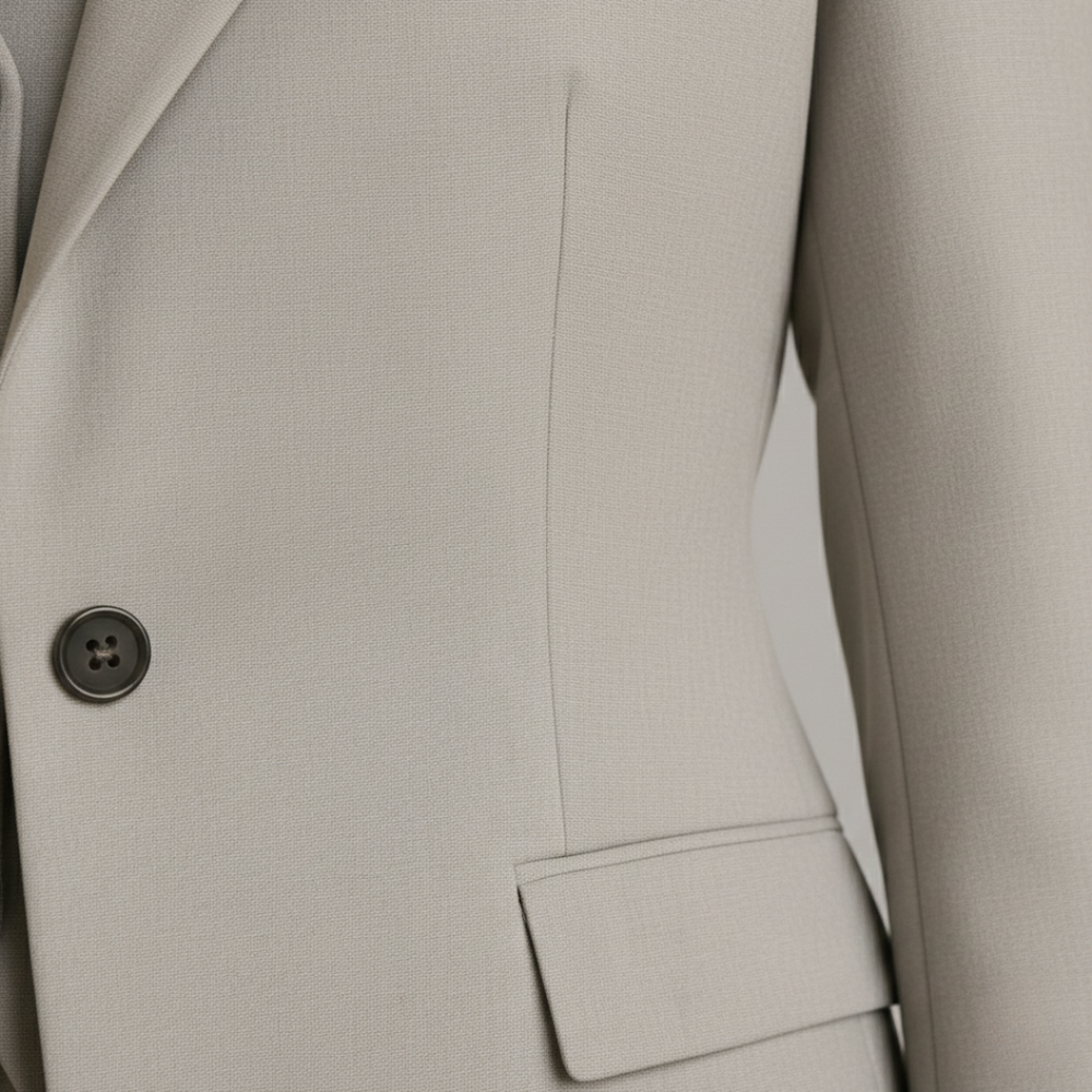 A woman in a grey tailored suit with a white shirt, it shows elegance in a professional setting.

