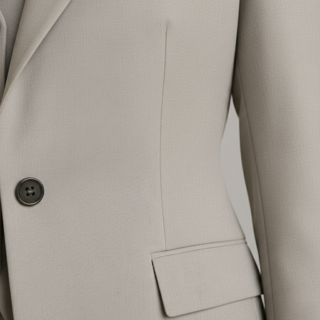 A woman in a grey tailored suit with a white shirt, it shows elegance in a professional setting.

