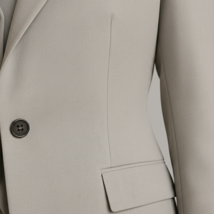 A woman in a grey tailored suit with a white shirt, it shows elegance in a professional setting.

