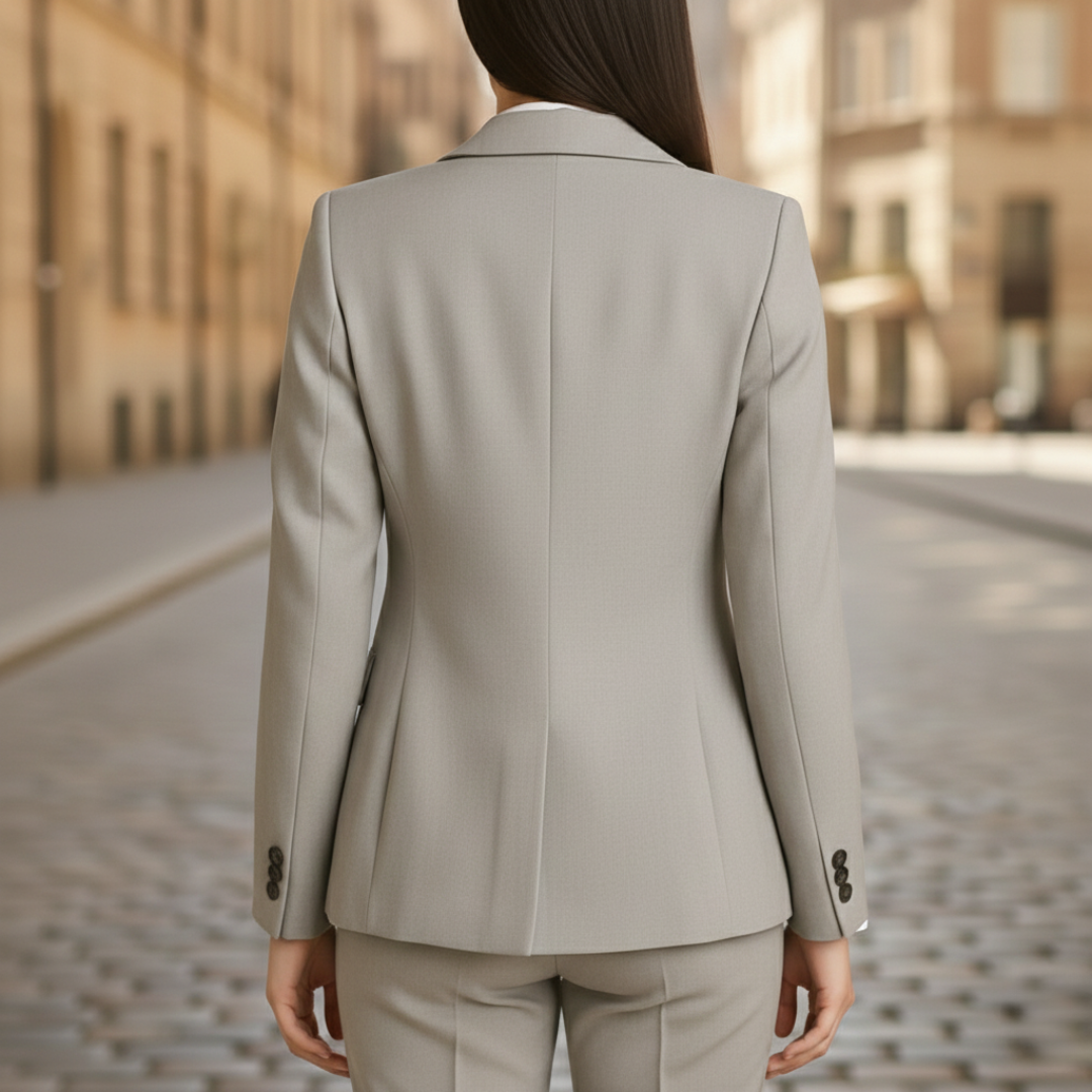 A woman in a grey tailored suit with a white shirt, it shows elegance in a professional setting.

