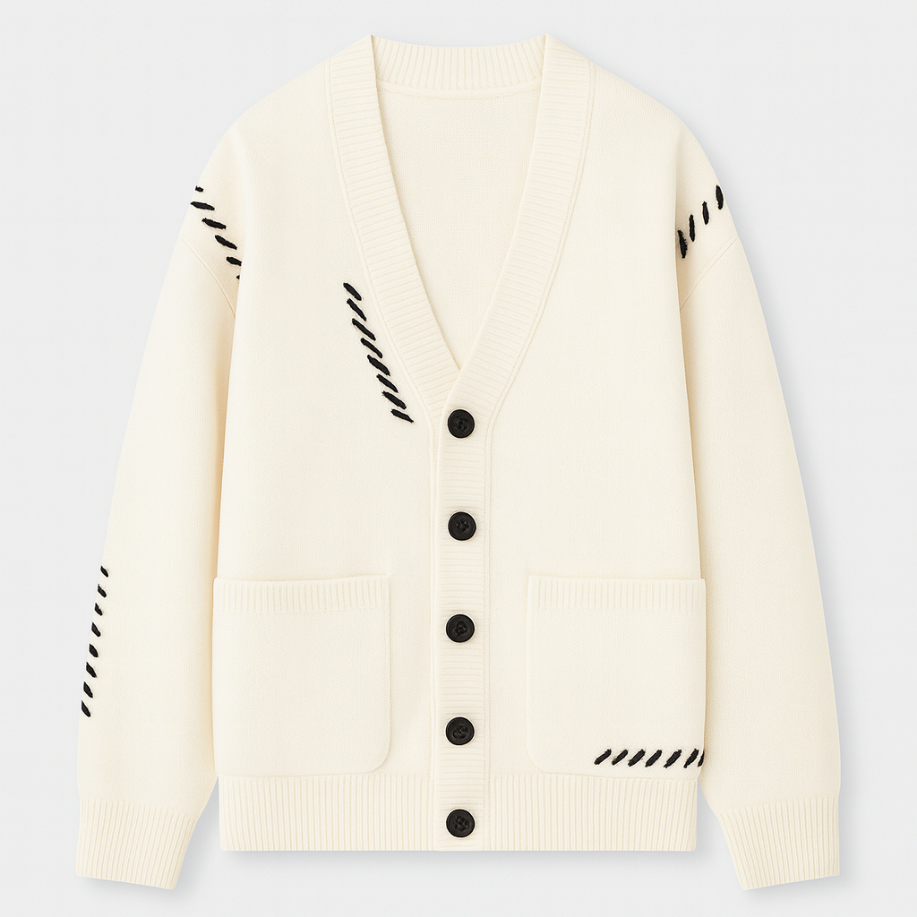 Button-up cardigan with a V-neckline, ribbed cuffs and hem, front patch pockets, and decorative stitched detailing.