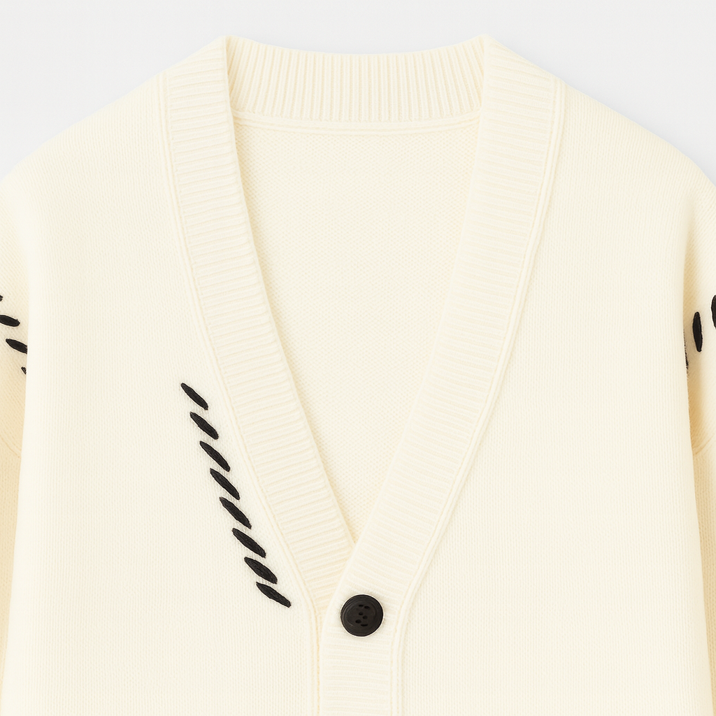 Button-up cardigan with a V-neckline, ribbed cuffs and hem, front patch pockets, and decorative stitched detailing.