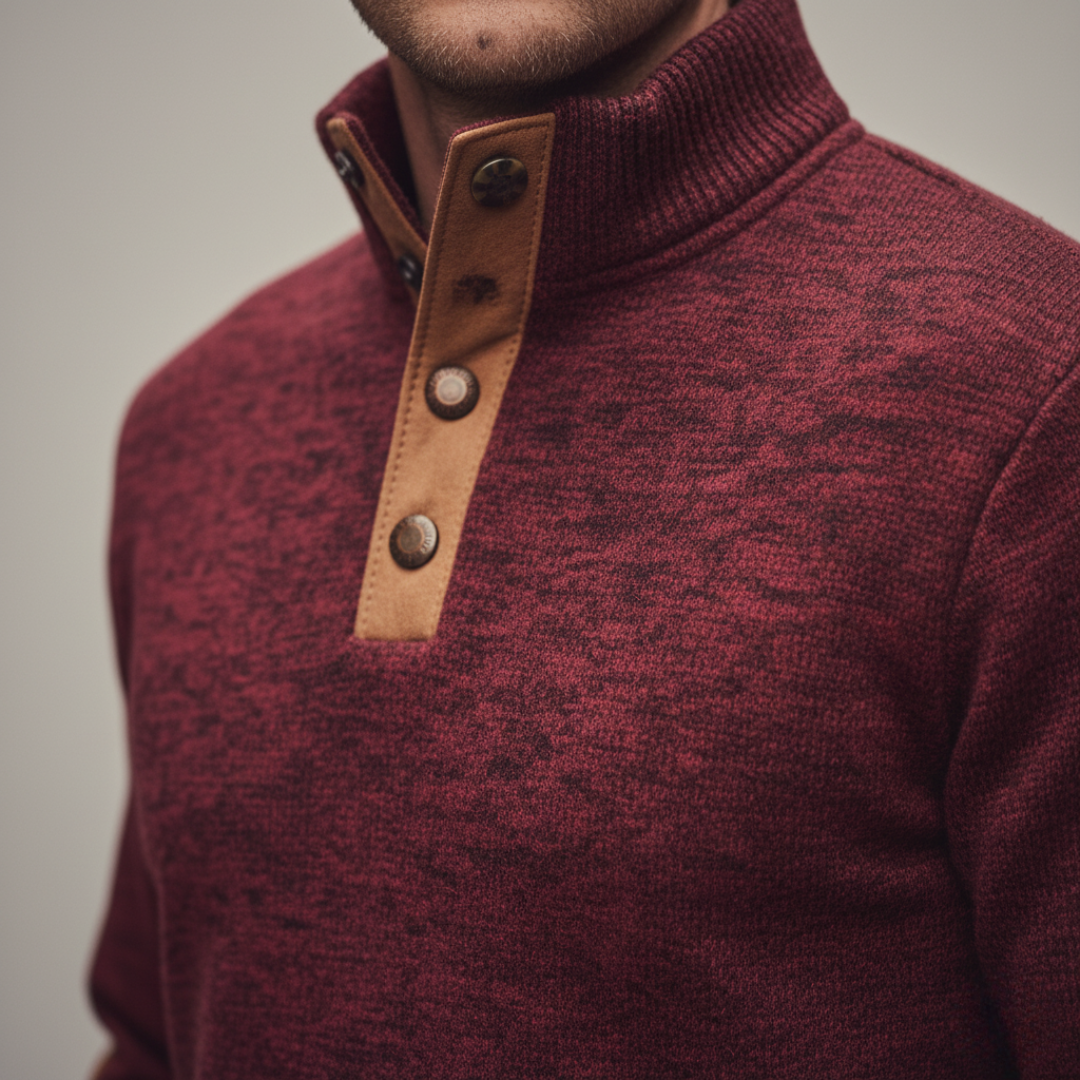 Close-up red sweater with high collar, and button details