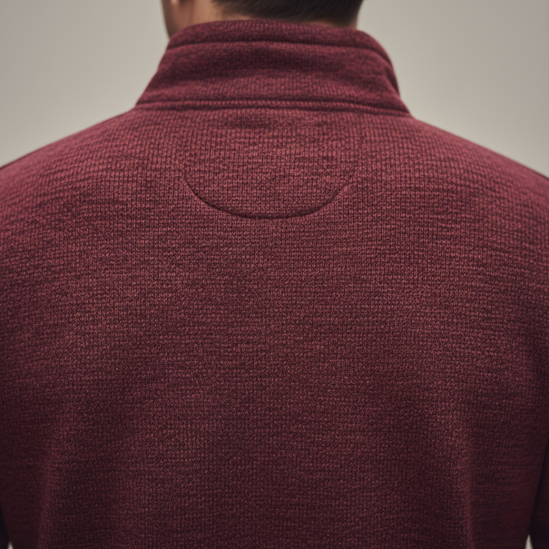 back details of red sweater with high collar