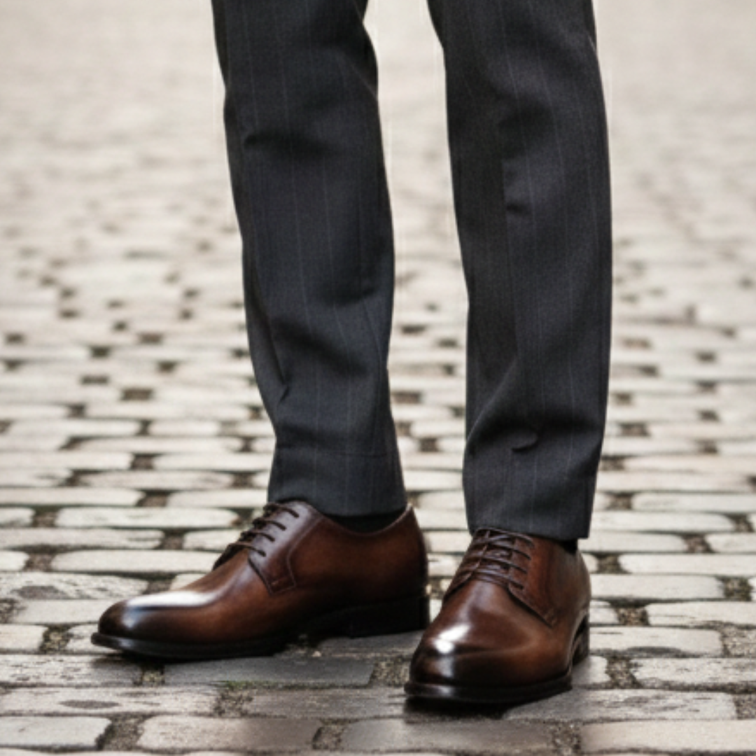  a pair of brown leather Oxford shoes, showcasing the elegant lace-up design and polished finish.