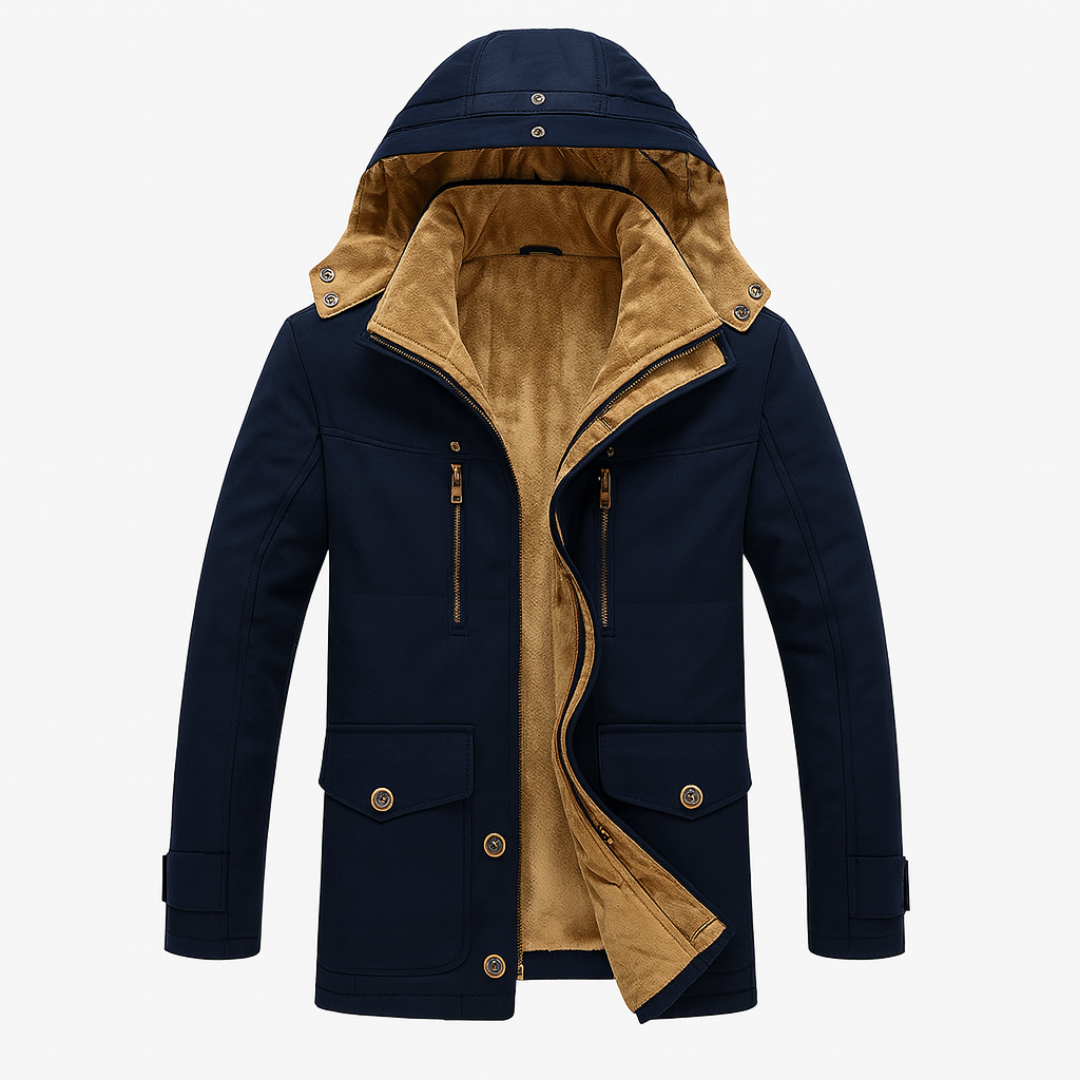 Navy blue men's parka jacket featuring a faux-suede lining, structured hood, and dual-zip detailing for cool-weather comfort.