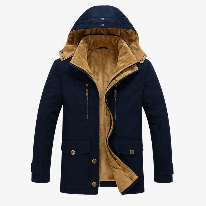 Navy blue men's parka jacket featuring a faux-suede lining, structured hood, and dual-zip detailing for cool-weather comfort.