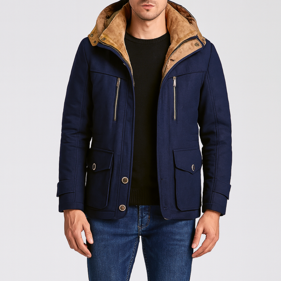 Navy blue men's parka jacket featuring a faux-suede lining, structured hood, and dual-zip detailing for cool-weather comfort.