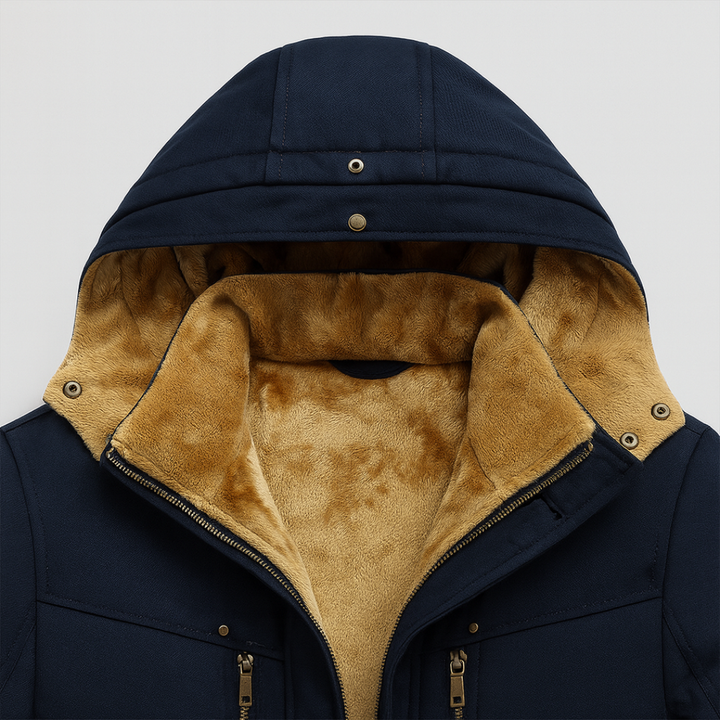 Navy blue men's parka jacket featuring a faux-suede lining, structured hood, and dual-zip detailing for cool-weather comfort.