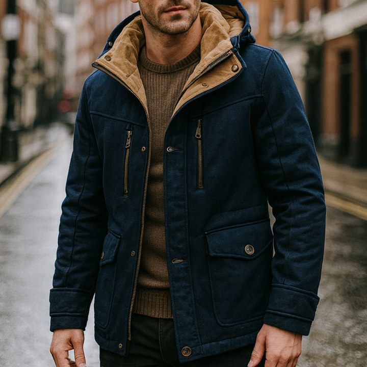 Navy blue men's parka jacket featuring a faux-suede lining, structured hood, and dual-zip detailing for cool-weather comfort.