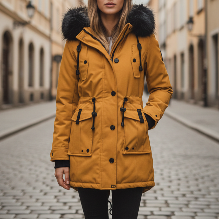 Women's hooded parka with faux-fur collar, mid-thigh length, designed for warmth and in cold weather.