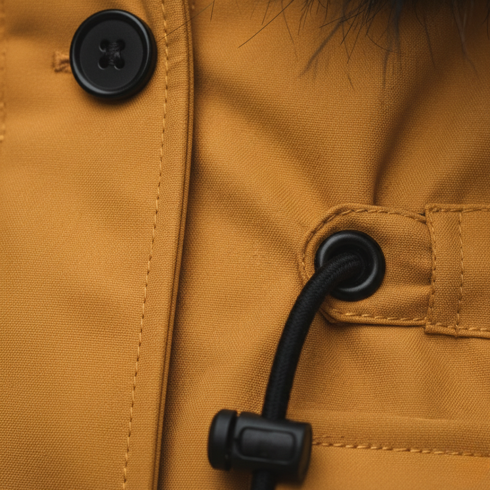 Women's hooded parka with faux-fur collar, mid-thigh length, designed for warmth and in cold weather.