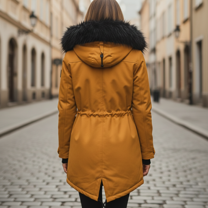 Women's hooded parka with faux-fur collar, mid-thigh length, designed for warmth and in cold weather.