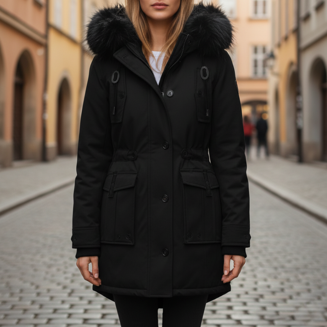 Women's hooded parka with faux-fur collar, mid-thigh length, designed for warmth and in cold weather.
