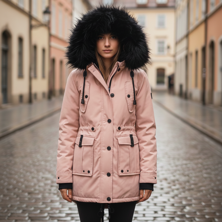 Women's hooded parka with faux-fur collar, mid-thigh length, designed for warmth and in cold weather.