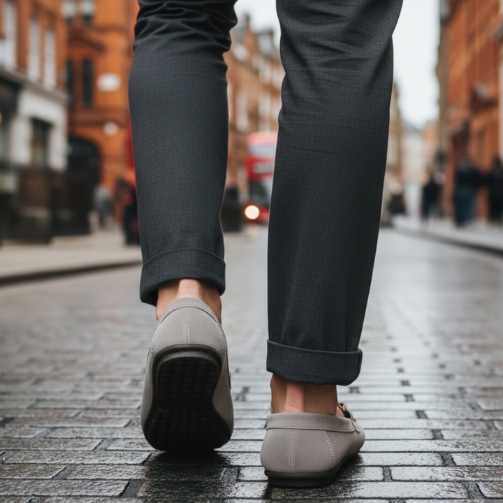 Back details of Grey suede loafers featuring a gold buckle, designed for comfort and style, suitable for casual and semi-formal occasions.