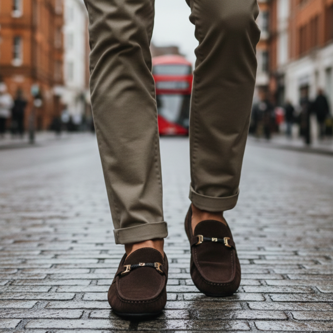 Brown suede loafers featuring a gold buckle, designed for comfort and style, suitable for casual and semi-formal occasions.