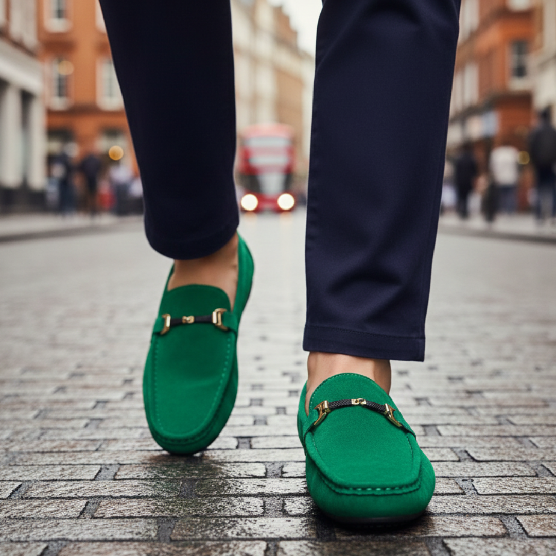 Green suede loafers featuring a gold buckle, designed for comfort and style, suitable for casual and semi-formal occasions.